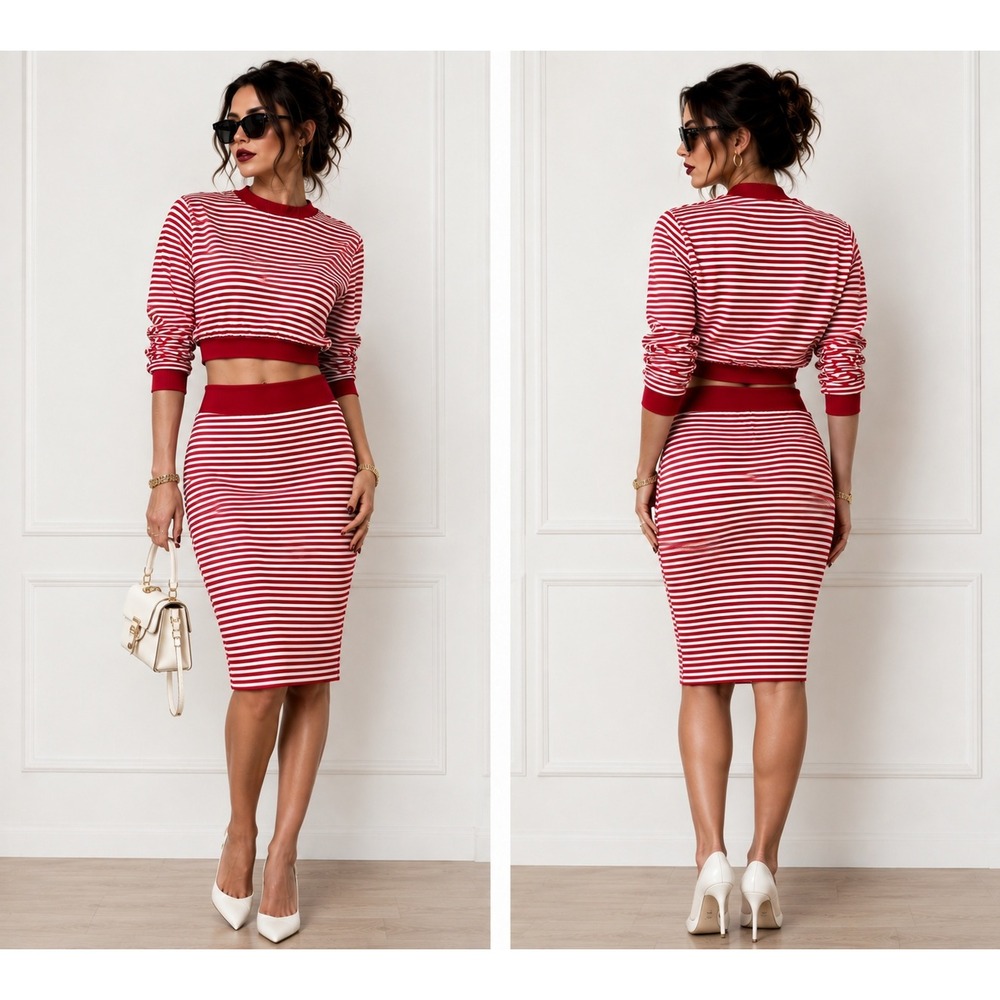 Alice's Pig Red White Striped 2 Piece Set Crop Top Pencil Skirt AP0077 Size 8